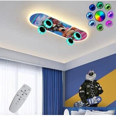 32 W Skateboard Ceiling Light Children's Room, LED Dimmable with Remote Control, RGB Colour Changing, Children's Ceiling Light for Boy/Girl Bedroom Decoration, 3000 K - 6500 K, Gift for Skateboarders,