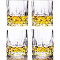 GLASKEY viskija glāžu komplekts no 4, 315 ml bezsvinu kristāla ūdens glāzes, kokteiļu ruma degvīna Scotch gin konjaka ūdens viskija glāzes uz smagas bāzes, viskija glāzes dāvanu komplekts vīriešiem, tētim, brālim