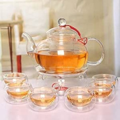 Beddingleer Teekanne aus Glas 600 mL Teebereiter + 6 Tea Tassen + Wärmer mit Glasfilter und Glasdeckel aus hochwertigem Borsilikatglas