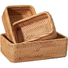 Rattan Storage Basket, Fruit Baskets, Bread Baskets, Braided Multi-Purpose Organiser Box, Braided Basket, Food Basket, Bread Basket, Decorative Basket, Rectangular for Kitchen, Living Room, Pack of 3