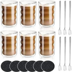 GARPROVM Latte Macchiato glāzes, 6 komplekts, dubultsienu, 350 ml, spirālveida kafijas glāzes, espresso tases, kafijas tases, kapučīno glāzes, tējas glāzes, termiskā glāze, dzeramās glāzes, 6 karotes + 6