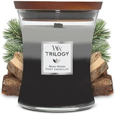 WoodWick Trilogy vidēja izmēra aromātiskā svece smilšu pulksteņa burkā ar Pluswick Innovation Wick, Warm Woods, 275 g