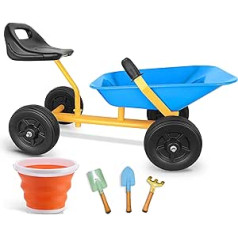 KOVOME Children's Sand Dumper, 4-Wheel Ride-on Wheelbarrow Toy, Steel Garden Sandpit, Outdoor Beach Toy, Age 3+ Children's Metal Game Tool Set with Shovels and Bucket