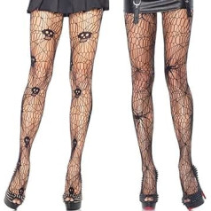 2 Pairs of Fishnet Stockings for Women Fishnet Tights Halloween High Waist Tights with Lace Spider Web Skull Pattern