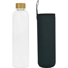 Glass Water Bottle with Bamboo Plug Bottle Glass Borosilicate Environmentally Friendly Reusable Non-Toxic BPA Free (1500 ml, Black Housing without Theme Bottle)