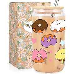 Fairy's Gift Ästhetische Donut-Tasse, Eiskaffeetasse, 473 ml, niedlicher Glasbecher mit Bambusdeckel und Strohhalm – Donut-Party, Donut-Partyzubehör – Weihnachten, Geburtstagsgeschenke für Frauen,