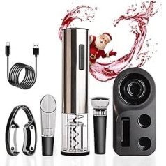 6 in 1 Wine Opener Electric Rechargeable Automatic Corkscrew Bottle Opener Set with Foil Cutter, Corkscrew, Vacuum Plug, Pourer, Display Base, USB Charging Cable (Silver)