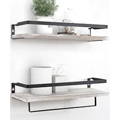 Afuly Wall Shelf Bathroom White Wood Black Metal Floating Shelf Vintage Rustic with Towel Holder Decorative Storage Shelves for Wall Bathroom Kitchen Children's Room Living Room Hallway Office Set of