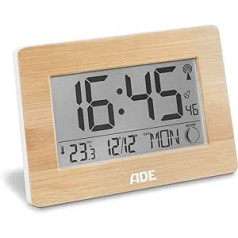 ADE Large Digital Radio-Controlled Clock with XXL Numbers, Table Clock and Radio-Controlled Alarm Clock with Calendar Function, with Temperature Display, Housing with Real Bamboo, with Batteries