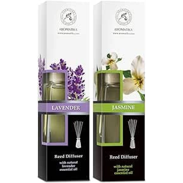 Istabas smaržu difuzors Lavanda un jasmīns ar ēteriskajām eļļām 2 x 100 ml - Difuzora komplekts ar kociņiem - Istabas aromāts - Istabas aromāts - Telpas gaiss - Aroma difuzors - Gaisa atsvaidzinātājs - Dāvanu komplekts