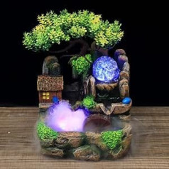 Indoor Fountain with Plants, Table Fountain Waterfall with Lighting, Colour Changer, Garden Aquarium Resin Desktop Fountain with Mist Rock Garden Decoration, for Indoor Outdoor Humidifier Gift