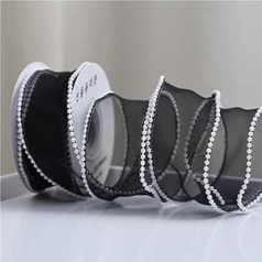 2 Rolls Organza Pearl Ribbon Transparent Chiffon Ribbon Organza Ribbon Decorative Ribbon for Wedding Birthday Christmas Craft Cake Gift Wrapping 4.5 m x 4 cm, Black