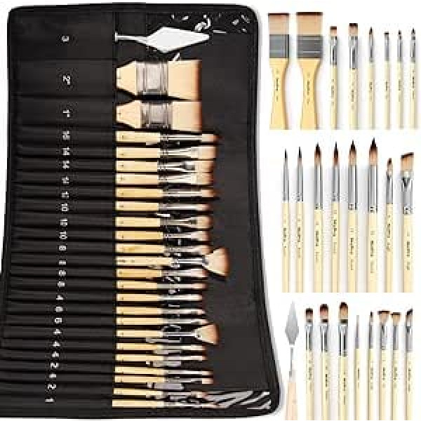 Nicpro 24-Piece Brush Set, Expert Quality, Artist Brush Set, Acrylic Paint Brush, with Canvas Carry Bag and Spatula for Acrylic, Oil, Watercolour, Gouache Painting, Adults and Children