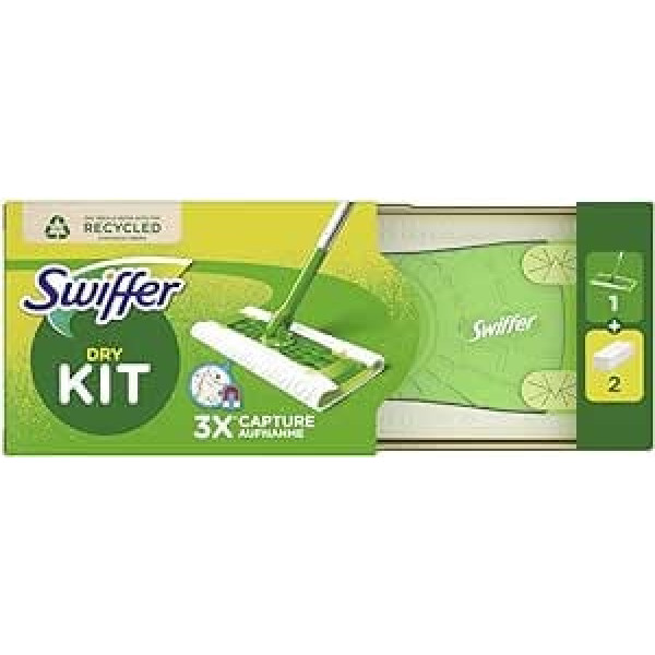 Swiffer Floor Mop Starter Set, Picks Up and Closes 3x More Dust & Hair, 1 Floor Mop + 2 Dry Floor Cloths