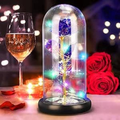 DASIAUTOEM Mūžīgā roze stiklā, Mūžīgās rozes Skaistule un zvērs Roze Zīda roze un LED gaisma uz koka pamatnes, Romantiska dāvana Mātes dienai, Dāvanas kāzu jubilejā, Dāvana draudzenei