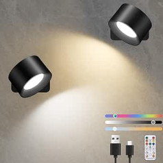 Diealles Shine LED iekštelpu sienas gaisma, 2 gab. iepakojumā, USB-C sienas gaisma bez strāvas pieslēguma, regulējamas lampas bez urbšanas, 360° rotējoša magnētiskā bumba, skārienvadība un tālvadības pults, 19 RGB krāsas