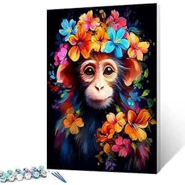 Tucocoo Monkey Flowers Paint by Numbers Komplekts ar otām un akrila pigmentu uz audekla glezna pieaugušajiem, mīļa dzīvnieka tuvplāna bilde mājas sienas dekorēšanai dāvanām 40x50cm