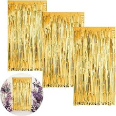 Yaclonq Pack of 3 tinsel aizkari, zelta folijas mirdzoša folijas bārkstis vizulis aizkars, 1 x 2 m, mirdzošs metālisks vizulis fona dekorēšanai, ballīšu dekorēšanai, dzimšanas dienai, greznas kleitas dekorēšanai, zelts