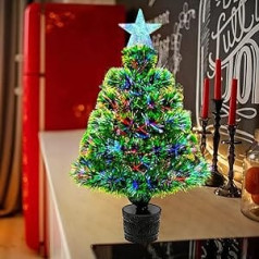 53 cm Small Table Christmas Tree, Pre-Lit Artificial Mini Fibreglass Christmas Trees, Lighted Treetop Star, Multicolor Small Christmas Tree for Table/Window/Party