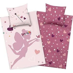 Aminata Kids Bed Linen 135 x 200 cm Children's Girls Cotton Fairy Reversible Children's Bedding Set Princess Hearts YKK Zip Pink