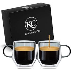 KC Kitchen & Co. termiskās glāzes, divsienu glāzes ar rokturi, 2 300 ml komplekts, kafijas glāzes, latte makiato, kapučīno, tējas glāzes, izturīgas, karstumizturīgas un mazgājamas trauku mazgājamajā mašīnā (pelēkas)