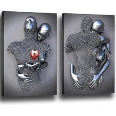 3D Lovers Sculpture Poster Metal Figure Statue Art Canvas Painting Romantic Abstract Posters and Prints Modern Living Room Home Decoration - Without Frame (2 Pieces - 50 x 70 cm, Figure-2)