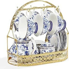 fanquare Blue Flower porcelāna tējas komplekts ar metāla statīvu, vintage porcelāna kafijas krūze un apakštase, angļu kafijas serviss pieaugušajiem