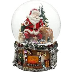 Dekohelden24 XXL Snow Globe, Santa Claus with Deer and Christmas Tree, with Sound, on Elaborately Decorated Base, Dimensions (L x W x H): 15 x 15 x 20 cm, Ball Diameter 15 cm