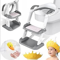 Potty Training Toilet Seat with Step Stools, Non-Slip for Kids - Foldable Portable Potty Chair with Adjustable Height Ladder, Protective Handle, Soft Cushion, Tap Extender and