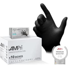 AMPri High Grip Disposable Nitrile Gloves, 10 Boxes of 100 Pieces, Size L, Black, SolidSafety: Extra Grippy and Chemical-Resistant Work Safety Gloves in Sizes S, M, L, XL, XXL