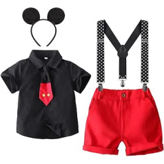 Baby Boys Mouse Cosplay Costume Tie Shirt + Braces + Short + Headband 4-Piece Gentleman Birthday Party Outfits Set