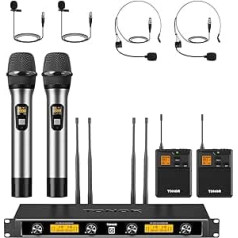 TONOR 4-Channel UHF Microphone Wireless Set with Handheld Microphone/Bodypack Transmitter/Headset Wireless Microphone/Lavalier Lapel Microphones, 4 x 5 Frequencies, 90 m Range, Wireless Microphone for