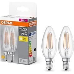 OSRAM Base Classic B FIL 40 LED gaisma ar E14 ligzdu, mini sveces forma, dubultā pakotne, 4 W, 470 lm, 2700 K, silti balta gaisma, zema siltuma ražošana, ilgs kalpošanas laiks, zems enerģijas patēriņš