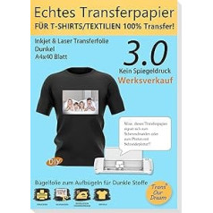 TransOurDream Real Inkjet/Laser Transfer Film, Iron-On Film for Dark Textiles, DIN A4 x 40 Sheets, T-Shirt Paper for Laser Printers/Inkjet Printers for Dark T-Shirts (3-3.0-40)