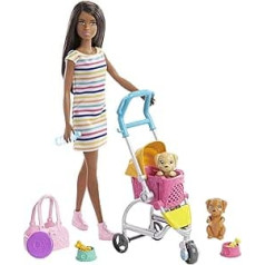 Barbie Dog bagiju rotaļu komplekts ar lelli, 2 kucēniem un bagiju kucēniem, bērniem no 3 gadiem.