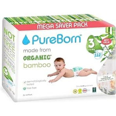 PureBorn Eco Organic Bamboo Nappies Size 3 (5.5-8 kg) Pack of 112 Eco-Friendly, Hypoallergenic, Ultra Soft, with Wetness Indicator, Various Prints