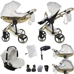 Junama Diamond Heart V3 2-in-1 3-in-1 4-in-1 Rat Autosēdeklis ISOFIX + Ekskluzīvi lietussarga ratiņi (4-in-1, White-Gold 01)