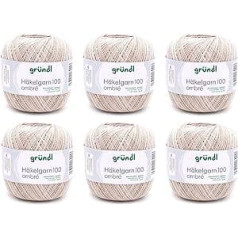 Gründl Crochet Yarn 100 Plain (merserizēta kokvilnas dzija tamborēšanai 100% kokvilna, 100 g/566 m, adatas izmērs: 1,5-2, 6 x 100 g), bēša/pelēka