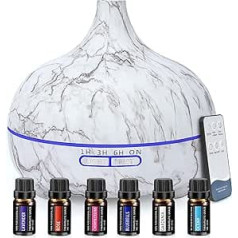 Aroma Diffuser 550 ml, Ultrasonic Diffuser Essential Oils 6 x 10 ml Set, 7 Colours LED Lights and 4 Timer Settings, Diffuser Essential Oils for Home, Office, Spa, Yoga, Bedroom