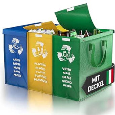 PTMS® Trash Can 3 Compartments with Lid - Waste Separation System Bags for Paper, Glass & Plastic - Recycling System Extremely Stable - Deposit Bottles Collection Container - Easy Emptying