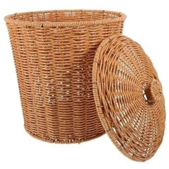 PRETYZOOM Rattan Waste Basket with Lid, Portable Wicker Bin, Round Plastic Trash Bin, Woven Storage Basket, Dirty Laundry Container for Living Room, Bedroom, Bathroom, Kitchen