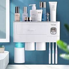 TuCao Automatic Toothpaste Dispenser with Toothbrush Holder, Wall Mounted, 7 Toothbrush Slots with Dustproof Cover, 3 Magnetic Cups and Cosmetic Organiser Drawer (3 Cups)