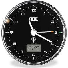 ADE Analogue Radio-Controlled Alarm Clock without Ticking, with Temperature Display, Calendar Display, Analogue Alarm Clock with Light, Battery Operated, Small Clock for Standing, Black Dial