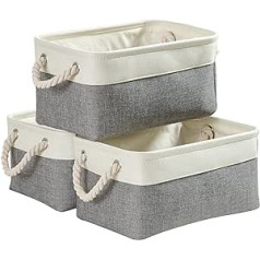 Mangata Fabric Storage Basket, Foldable Storage Box, Cupboard Basket Storage, Fabric with Rope, for Toys, Wardrobes, Shelves, Clothes, Cold Grey/White, Small, Pack of 3