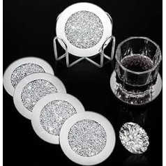 7 Pieces Glass Coasters Set, 6 Pieces Silver Crushed Crystal Coasters with Holder for Drinks Glitter Crushed Diamond Decoration on Tabletop for Home Table Bar Accessories