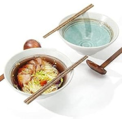 Wangxin japāņu keramikas graudaugu zupas bļodas, 2 komplekti 900 ml Creative Gift Retro Ramen bļodas ar irbulīšiem un karotēm, droši mikroviļņu krāsnī, augļu salātiem, dārzeņiem, nūdelēm (baltas, 2)