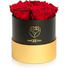 Amoroses Petite Gift Box with 5 Stabilised Eternal Roses, Elegant Bouquet of Real Flowers, Gift Idea (Petite Black Box with Red Roses)