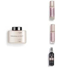 ‎Makeup Revolution Makeup Revolution, Perfect Base Face Bundle, Conceal & Define C4/F4 korektors un tonālais krēms, caurspīdīgs, birstošs cepamais pulveris un mirdzumu fiksējošs aerosols