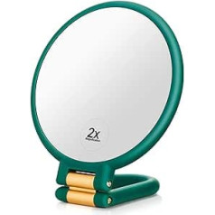 Aneimiah 2X Magnification Makeup Mirror, 2 Sides Hanging Hand Mirror with Handle, Portable 360° Rotation, Lightweight, Foldable, Stand Up Mirror for Dressing Table, Makeup (Green)