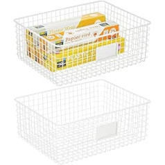 mDesign All Purpose Metal Basket - Practical Storage Basket with Label Box for Kitchen, Pantry etc. - Compact and Universal Wire Basket - Set of 2 - White